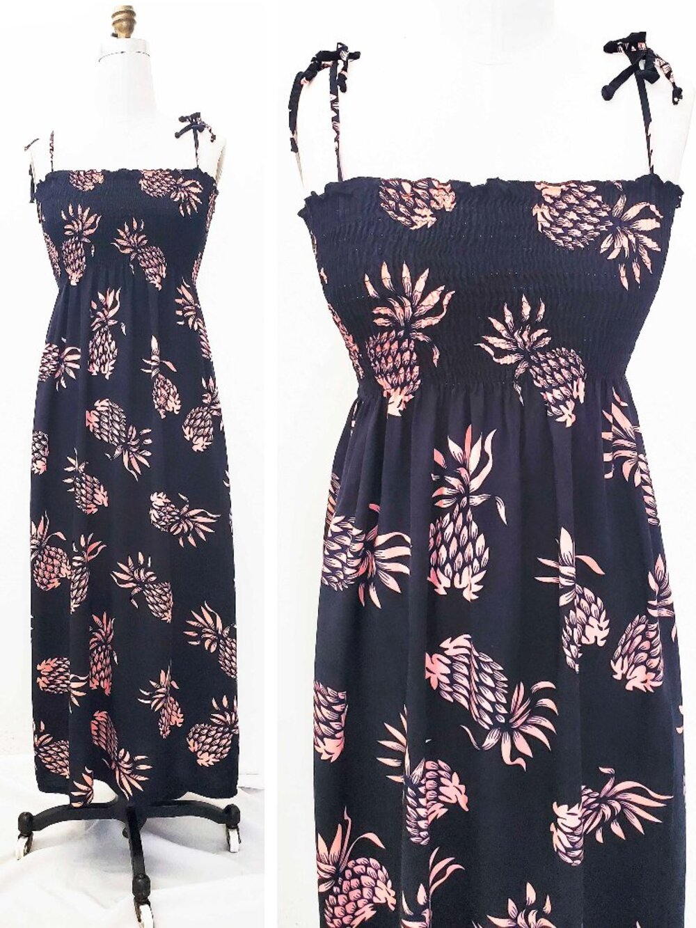 Avanti Womens Hawaiian Vintage Style Sun Dress Rayon Black Pink Pineapple Print